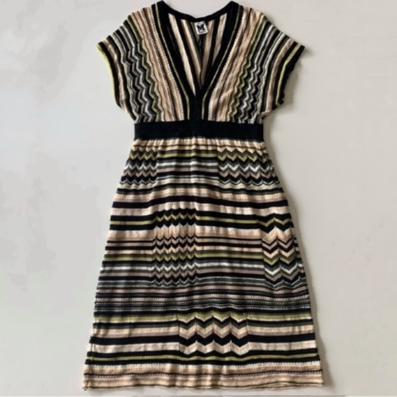 Missoni V-neck Empire Waist Dress in Green Cream and Black Vintage - Picture 2 of 9